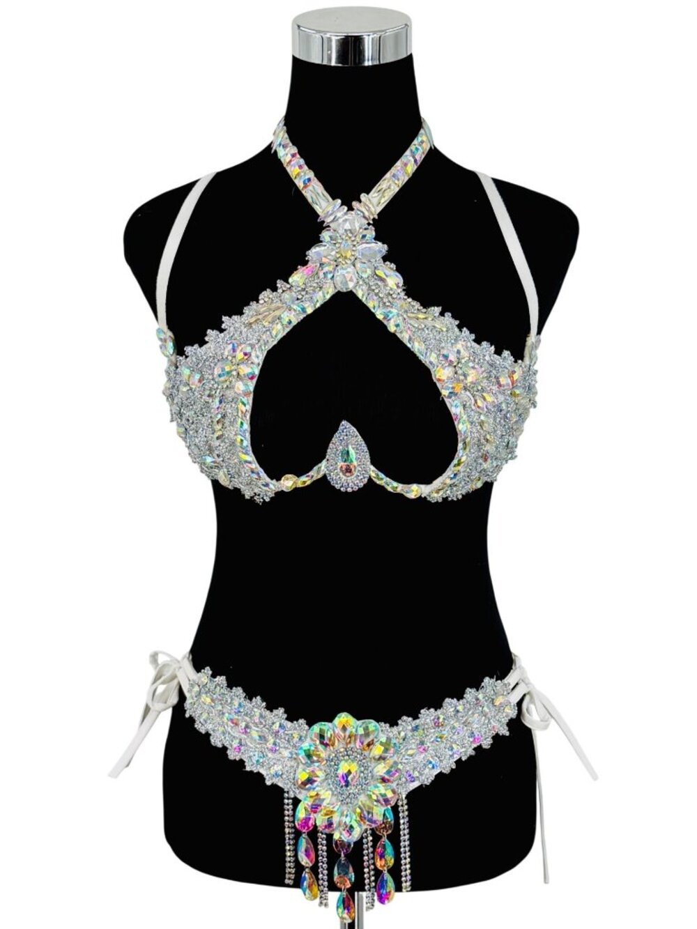Silver Crystal Rhinestone Bra & Belt Set | Samba Coachella Rave Festival Dancer - Picture 2 of 13
